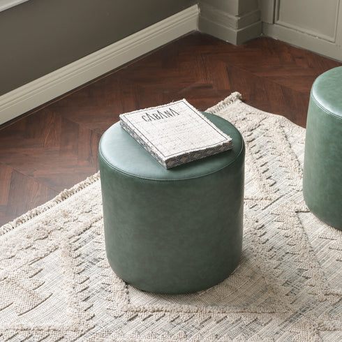 Elof Faux Leather Ottoman - Modern Faux Leather Pouf | Small Round Ottoman | Kinwell Furniture | Footstool for Lounge